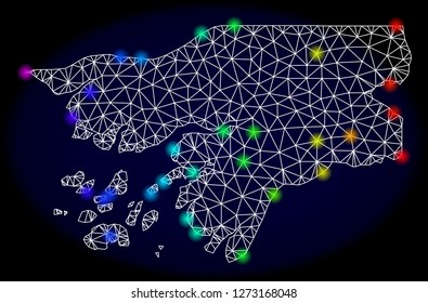 Mesh vector map of Guinea-Bissau with glare effect. Light spots have bright spectrum colors. Abstract lines, triangles, light spots and points on a dark background with map of Guinea-Bissau.