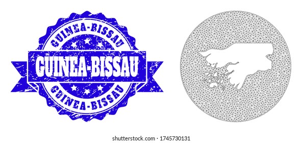 Mesh vector map of Guinea-Bissau with grunge seal stamp. Triangle network map of Guinea-Bissau is a hole in a circle. Blue round textured seal stamp with ribbon.