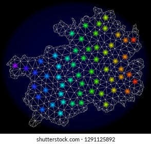 Mesh vector map of Guizhou Province with glare effect on a dark background. Light spots have bright rainbow colors. Abstract lines, triangles, light spots and points forms map of Guizhou Province.