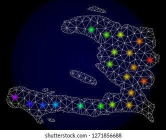 Mesh vector map of Haiti with glare effect. Light spots have bright spectrum colors. Abstract lines, triangles, light spots and points on a dark background with map of Haiti.