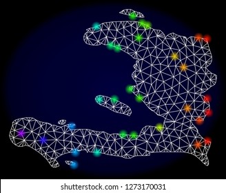 Mesh vector map of Haiti with glare effect. Light spots have bright spectrum colors. Abstract lines, triangles, light spots and points on a dark background with map of Haiti.