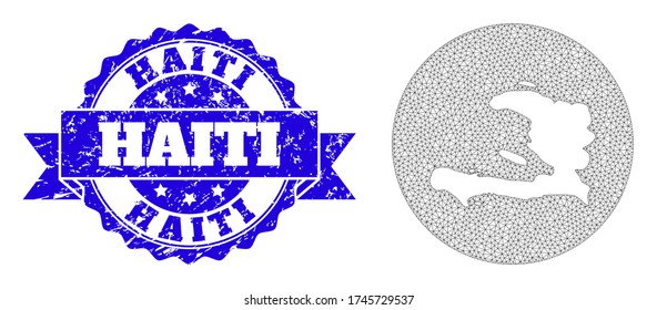 Mesh vector map of Haiti with scratched watermark. Triangle mesh map of Haiti is stencils in a round shape. Blue rosette scratched watermark with ribbon.