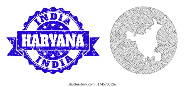 Mesh vector map of Haryana State with grunge seal stamp. Triangle mesh map of Haryana State is a hole in a round shape. Blue rounded scratched seal stamp has ribbon.