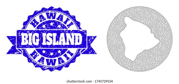 Mesh vector map of Hawaii Big Island with scratched seal. Triangular network map of Hawaii Big Island is cut out from a round shape. Blue round scratched seal stamp with ribbon.
