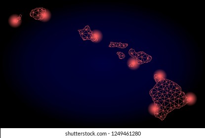 Mesh vector map of Hawaii State with glare effect. Red abstract lines, light spots and points on a dark background with map of Hawaii State.