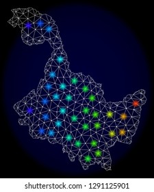 Mesh vector map of Heilongjiang Province with glare effect on a dark background. Light spots have bright rainbow colors. Abstract lines, triangles,