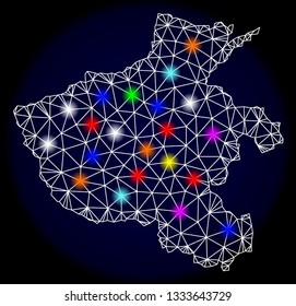 Mesh vector map of Henan Province with glare effect on a dark background. Abstract lines, triangles, light colorful spots and points forms map of Henan Province.