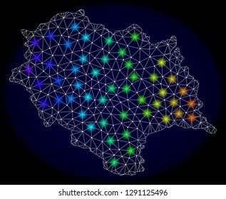 Mesh vector map of Himachal Pradesh State with glare effect on a dark background. Light spots have bright rainbow colors. Abstract lines, triangles,