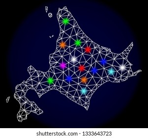 Mesh vector map of Hokkaido Island with glare effect on a dark background. Abstract lines, triangles, light colorful spots and points forms map of Hokkaido Island.