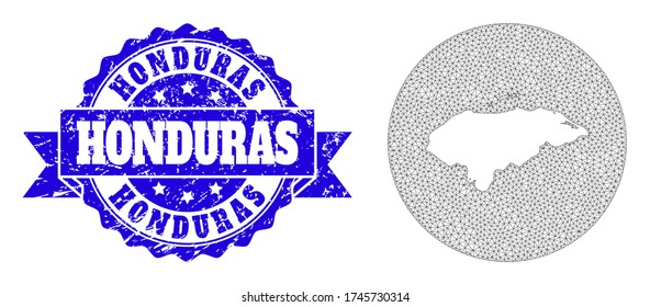 Mapa vector de malla de Honduras con sello de foca rayado. El mapa triangular neto de Honduras es un agujero en forma redonda. Sello de sello de textura azul con cinta.