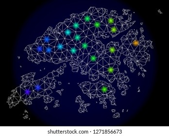 Mesh vector map of Hong Kong with glare effect. Light spots have bright spectrum colors. Abstract lines, triangles, light spots and points on a dark background with map of Hong Kong.