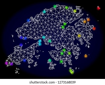 Mesh vector map of Hong Kong with glare effect. Light spots have bright rainbow colors. Abstract lines, triangles, light spots and points on a dark background with map of Hong Kong.