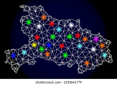 Mesh vector map of Hubei Province with glare effect on a dark background. Abstract lines, triangles, light colorful spots and points forms map of Hubei Province.