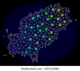 Mesh vector map of Ibiza Island with glare effect on a dark background. Light spots have bright rainbow colors. Abstract lines, triangles, light spots and points forms map of Ibiza Island.