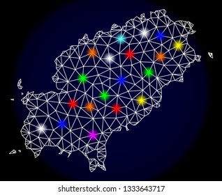 Mesh vector map of Ibiza Island with glare effect on a dark background. Abstract lines, triangles, light colorful spots and points forms map of Ibiza Island.