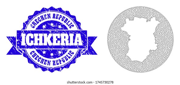 Mesh Vektorkarte von Ichkeria mit Grunge-Siegel. Die Triangle-Netzkarte von Ichkeria wird von einer runden Form abgezogen. Blaue Rundstempel mit Band.