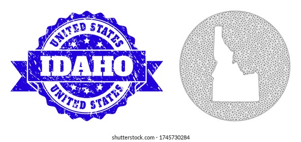 Mesh vector map of Idaho State with grunge seal. Triangular mesh map of Idaho State is cut out from a circle. Blue rosette textured seal with ribbon.