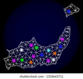 Mesh vector map of Inagua Islands with glare effect on a dark background. Abstract lines, triangles, light colorful spots and points forms map of Inagua Islands.