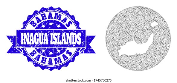 Mesh vector map of Inagua Islands with scratched seal. Triangle mesh map of Inagua Islands is subtracted from a round shape. Blue round textured seal with ribbon.