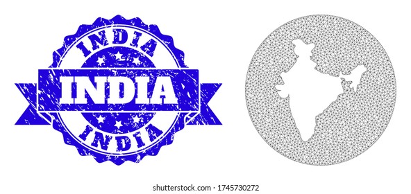 Mesh vector map of India with scratched seal stamp. Triangular net map of India is a hole in a round shape. Blue round textured stamp with ribbon.