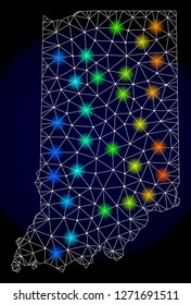 Mesh vector map of Indiana State with glare effect. Light spots have bright spectrum colors. Abstract lines, triangles, light spots and points on a dark background with map of Indiana State.
