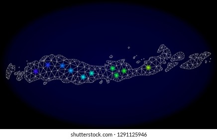 Mesh vector map of Indonesia - Flores Islands with glare effect on a dark background. Light spots have bright spectrum colors. Abstract lines, triangles,