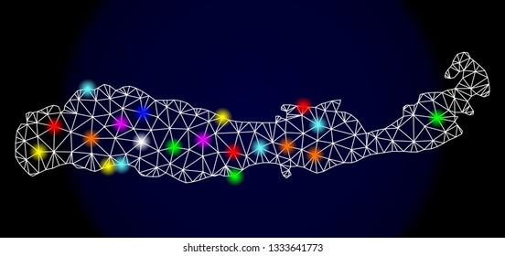Mesh vector map of Indonesia - Flores Island with glare effect on a dark background. Abstract lines, triangles, light colorful spots and points forms map of Indonesia - Flores Island.