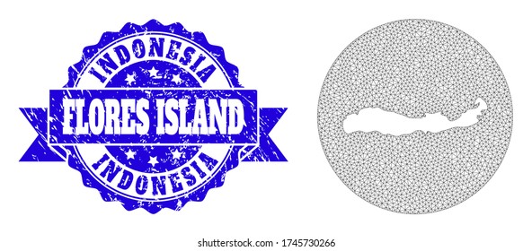 Mesh vector map of Indonesia - Flores Island with grunge seal stamp. Triangle network map of Indonesia - Flores Island is cut out from a circle. Blue rounded grunge stamp with ribbon.