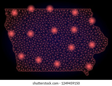 Mesh vector map of Iowa State with glare effect. Red abstract lines, light spots and points on a dark background with map of Iowa State.