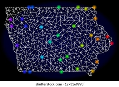 Mesh vector map of Iowa State with glare effect. Light spots have bright rainbow colors. Abstract lines, triangles, light spots and points on a dark background with map of Iowa State.