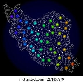Mesh vector map of Iran with glare effect. Light spots have bright spectrum colors. Abstract lines, triangles, light spots and points on a dark background with map of Iran.