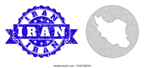 Mesh vector map of Iran with grunge seal stamp. Triangle network map of Iran is a hole in a round shape. Blue rounded textured seal stamp with ribbon.