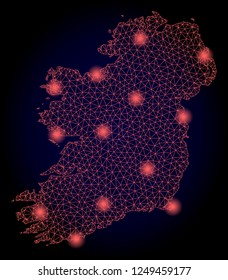 Mesh vector map of Ireland Island with glare effect. Red abstract lines, light spots and points on a dark background with map of Ireland Island.