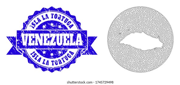 Mesh vector map of Isla La Tortuga with grunge seal. Triangle mesh map of Isla La Tortuga is inverted in a round shape. Blue rosette grunge watermark has ribbon.