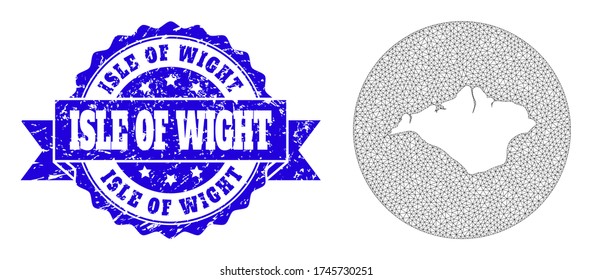 Mesh vector map of Isle of Wight with scratched seal stamp. Triangle mesh map of Isle of Wight is inverted in a circle. Blue rosette textured seal with ribbon.