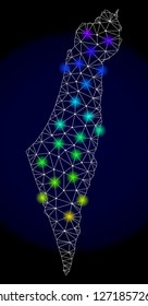 Mesh vector map of Israel with glare effect. Light spots have bright spectrum colors. Abstract lines, triangles, light spots and points on a dark background with map of Israel.