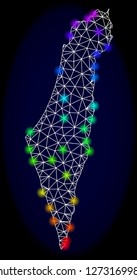 Mesh vector map of Israel with glare effect. Light spots have bright rainbow colors. Abstract lines, triangles, light spots and points on a dark background with map of Israel.