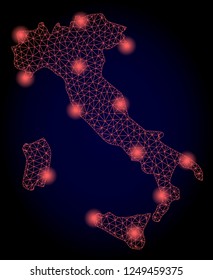 Mesh vector map of Italy with glare effect. Red abstract lines, light spots and points on a dark background with map of Italy.