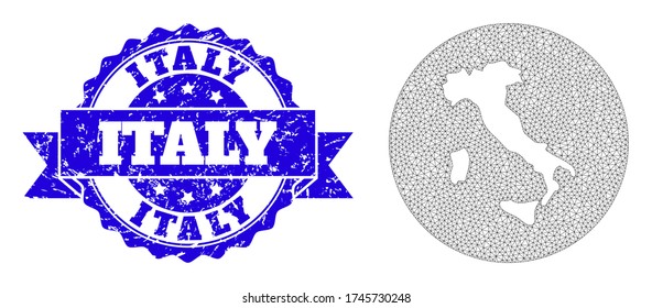 Mesh vector map of Italy with scratched watermark. Triangle mesh map of Italy is inverted in a round shape. Blue round grunge watermark has ribbon.