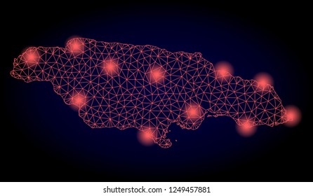 Mesh vector map of Jamaica with glare effect. Red abstract lines, light spots and points on a dark background with map of Jamaica.