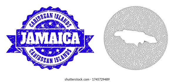 Mapa vector de malla de Jamaica con sello de foca rayado. El mapa de malla triangular de Jamaica está restado de una forma redonda. Sello azul redondo texturado con cinta.