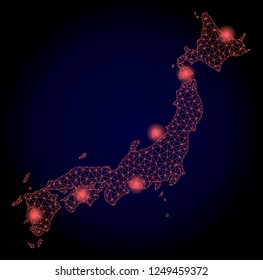 Mesh vector map of Japan with glare effect. Red abstract lines, light spots and points on a dark background with map of Japan.