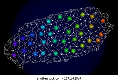 Mesh vector map of Jeju Island with glare effect. Light spots have bright spectrum colors. Abstract lines, triangles, light spots and points on a dark background with map of Jeju Island.