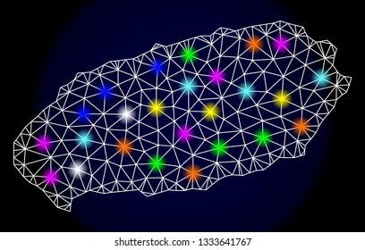 Mesh vector map of Jeju Island with glare effect on a dark background. Abstract lines, triangles, light colorful spots and points forms map of Jeju Island.