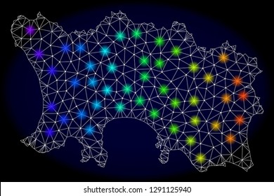 Mesh vector map of Jersey Island with glare effect on a dark background. Light spots have bright spectrum colors. Abstract lines, triangles, light spots and points forms map of Jersey Island.