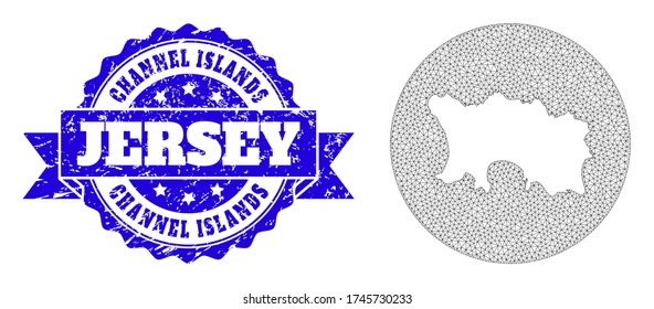 Mesh vector map of Jersey Island with scratched stamp. Triangular mesh map of Jersey Island is inverted in a circle. Blue round scratched seal stamp with ribbon.