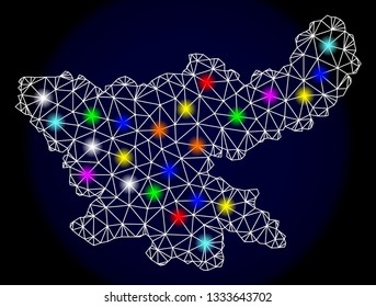 Mesh vector map of Jharkhand State with glare effect on a dark background. Abstract lines, triangles, light colorful spots and points forms map of Jharkhand State.