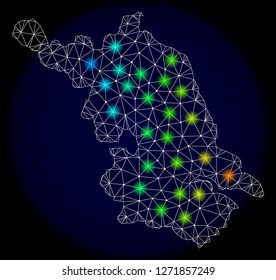 Mesh vector Map of Jiangsu Province with glare effect. Light spots have bright spectrum colors. Abstract lines, triangles, light spots and points on a dark background with Map of Jiangsu Province.