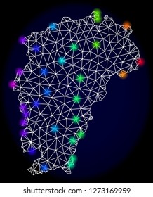 Mesh vector Map of Jiangxi Province with glare effect. Light spots have bright spectrum colors. Abstract lines, triangles, light spots and points on a dark background with Map of Jiangxi Province.