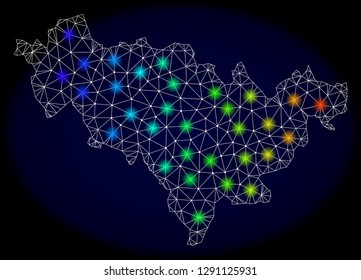 Mesh vector map of Jilin Province with glare effect on a dark background. Light spots have bright spectrum colors. Abstract lines, triangles, light spots and points forms map of Jilin Province.